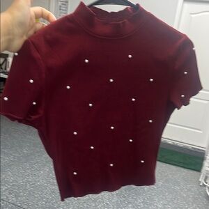 Elegant Burgundy Pearl-Embellished Top